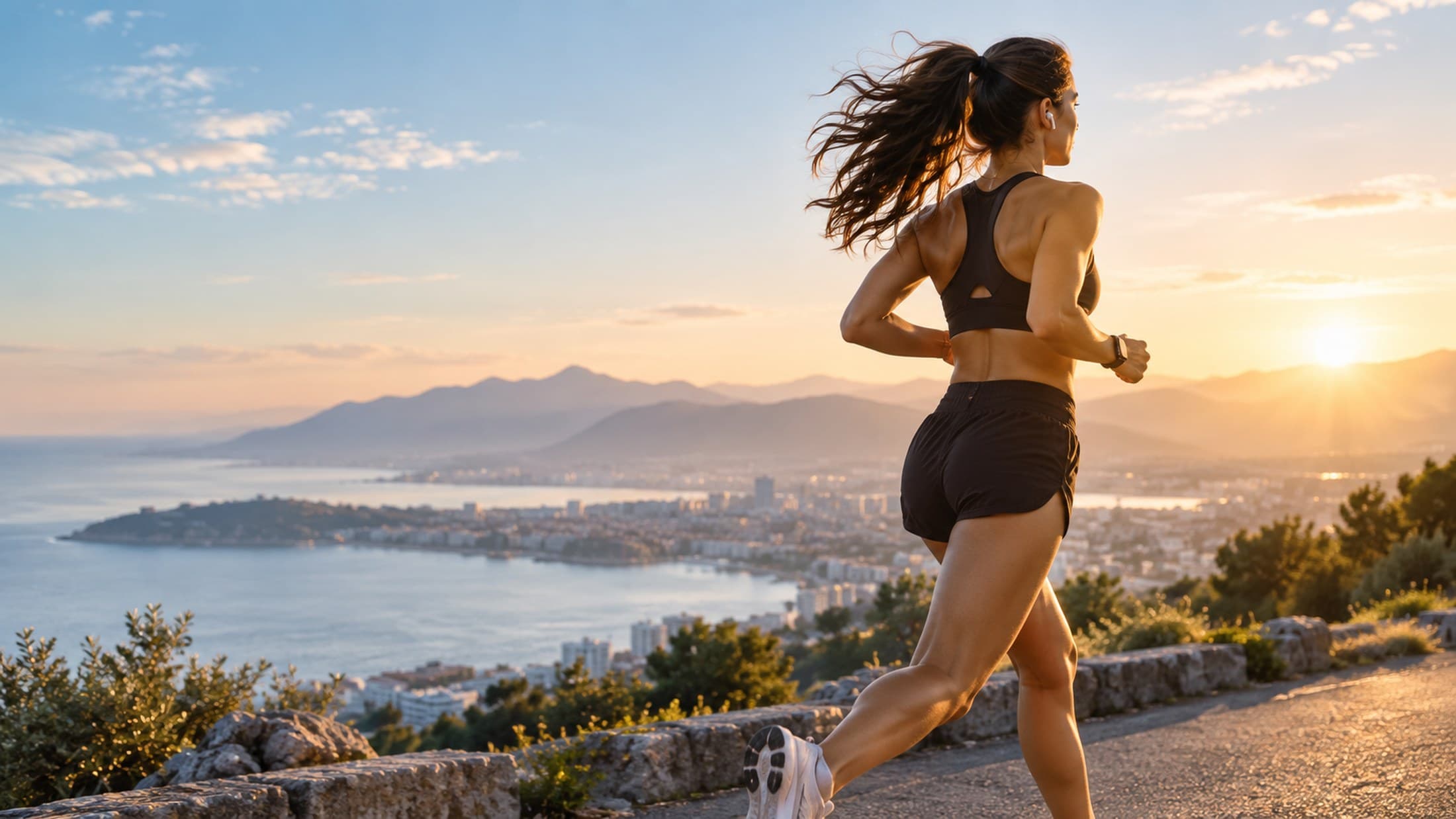 A runner on a coastal road at sunrise